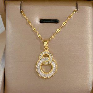 NEW 14K Yellow Gold Eternity Circles Crystal Luxury Necklace